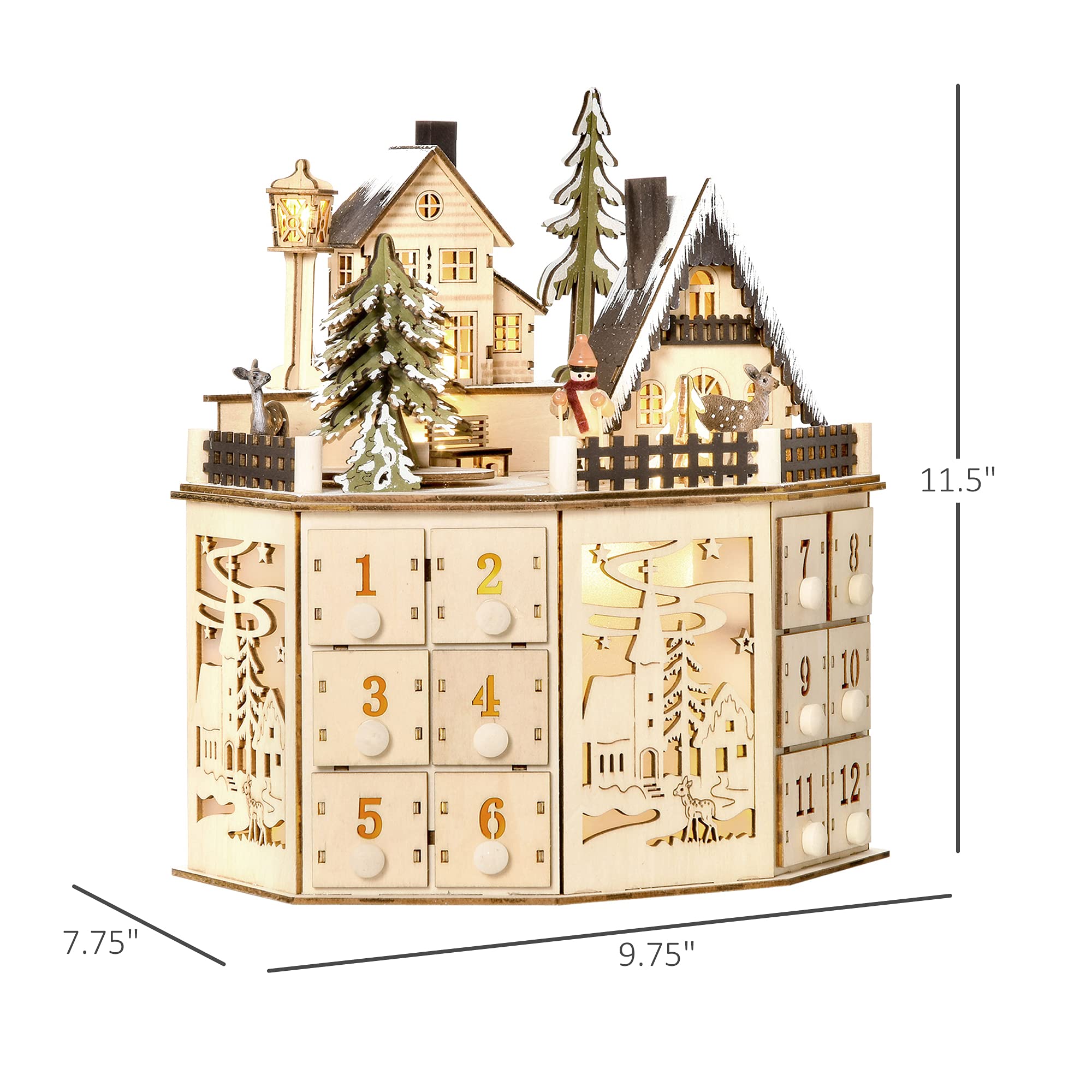 HOMCOM Christmas Advent Calendar, Light Up Table Xmas Wooden Holiday Decoration with Countdown Drawers and Village, for Kids and